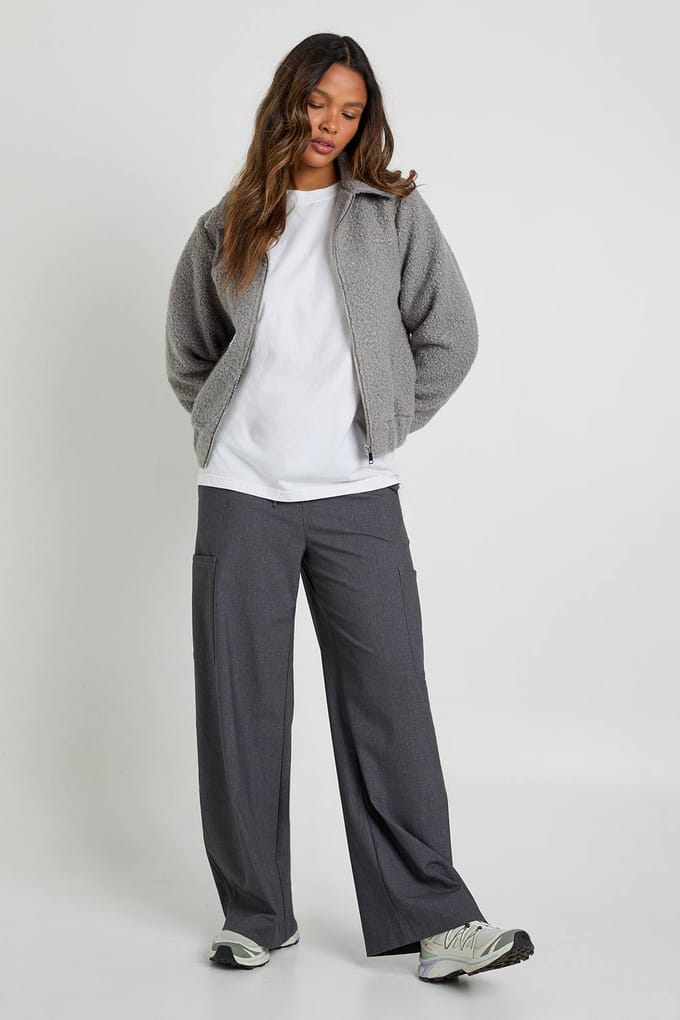boohoo Dames Boucle Wol Look Truckerjas | Grey | Maat: 8