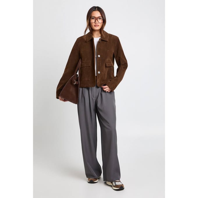 boohoo Dames Geweven Getailleerde Geplooide Wijde Pijpenbroek | Houtskool | Maat: 36