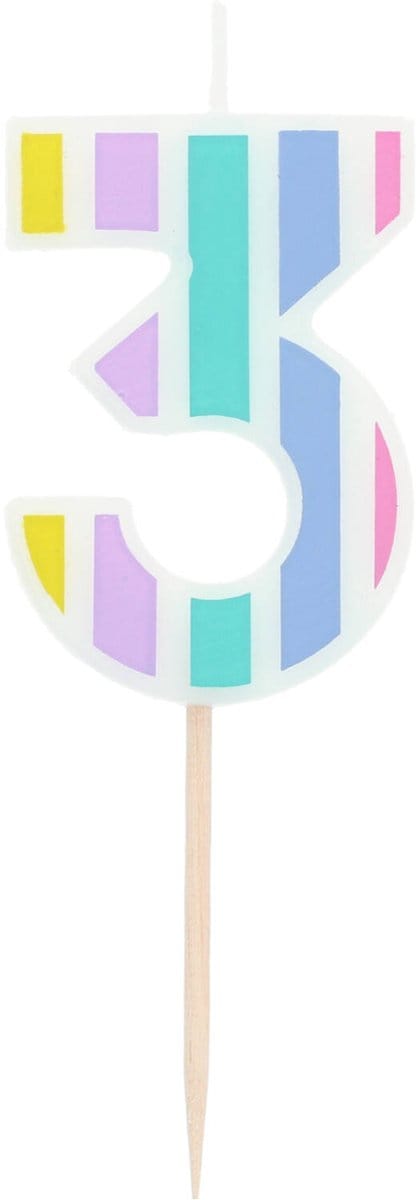 Folat - Kaars cijfer 3 pastelkleuren 5 cm
