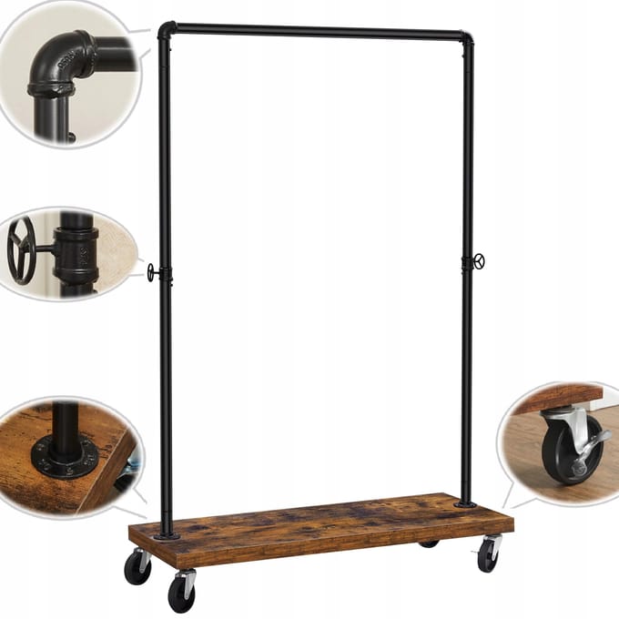BEGRYF - Kledingrek - rustiek bruin - op wielen - verstelbaar 103,5x40x162 cm