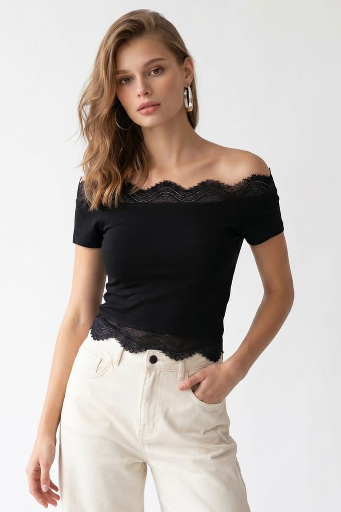 Geborduurd Slim-Fit Boot Neck Croptop