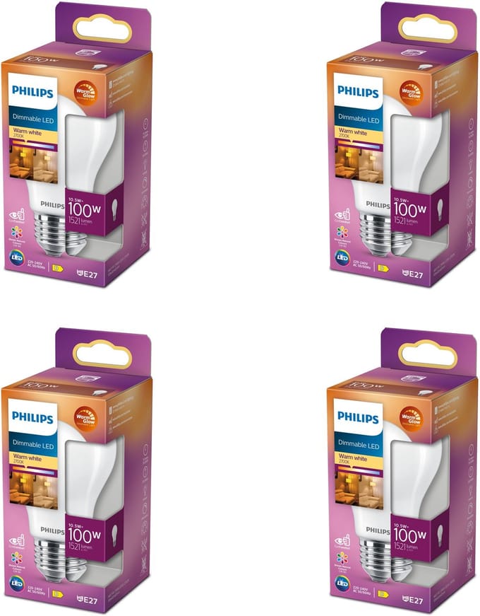 Philips Voordeelverpakking - E27 - LED Standaard lamp - Mat - 100W - Dimbaar - Warmwit Licht - Set van 4 Stuks