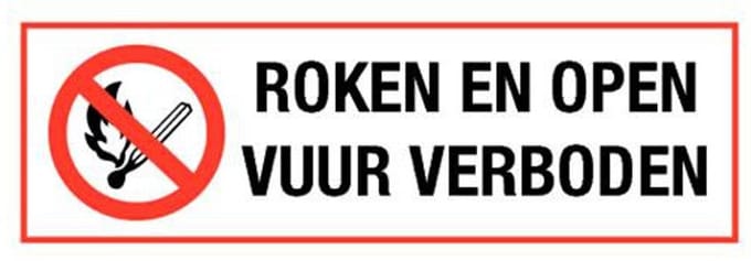 Roken en open vuur verboden bord, kunststof 200 x 75 mm