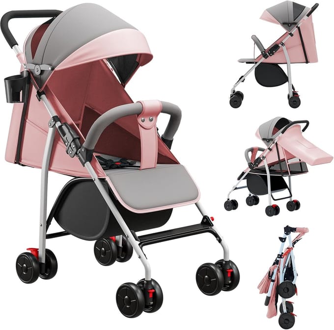 Multifunctionele Kinderwagen - Reisbuggy Lichtgewicht - Comfortabel Reizen - 175° Verstelbare Rugleuning - Compact Opvouwbaar - Roze