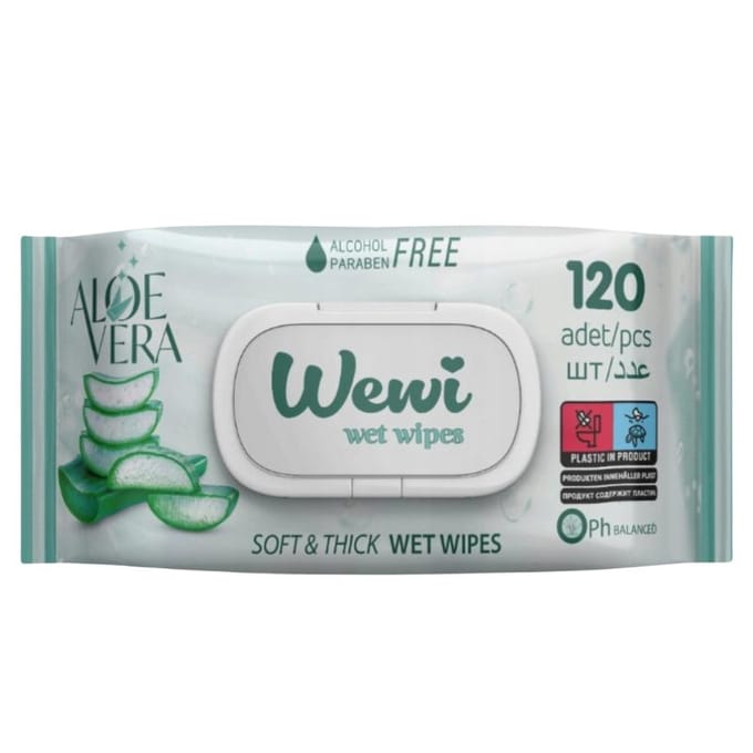 Lingettes Humides Douces Wewi à l'Aloe Vera, Sans Alcool, 120 Pièces