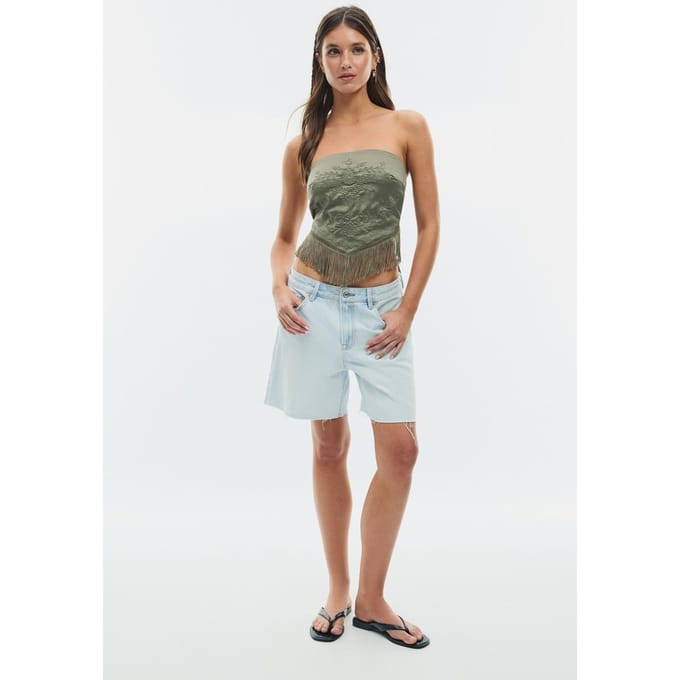 Stradivarius Bustier top met borduursel en franjes  Kaki M