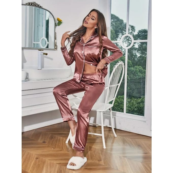 Pyjamaset Lange Mouw Knoopsluiting Revers Top & Broek Set Dames Nachtkleding & Loungewear M wit