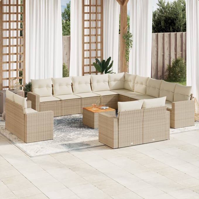 vidaXL - 14-delige - Loungeset - met - kussens - poly - rattan - beige