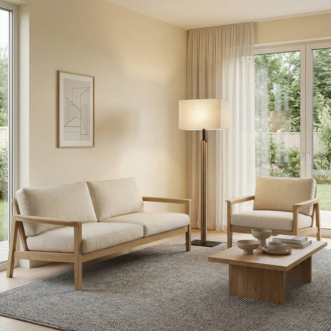 Quitani LED vloerlamp Lisene, eiken/zwart/naturel, 162 cm, dimbaar