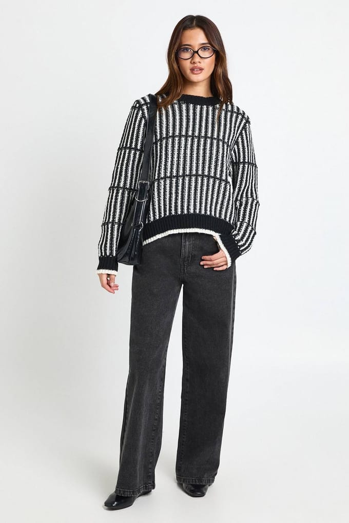 boohoo Dames Zachte gebreide streeptrui | Zwart | Maat: Large