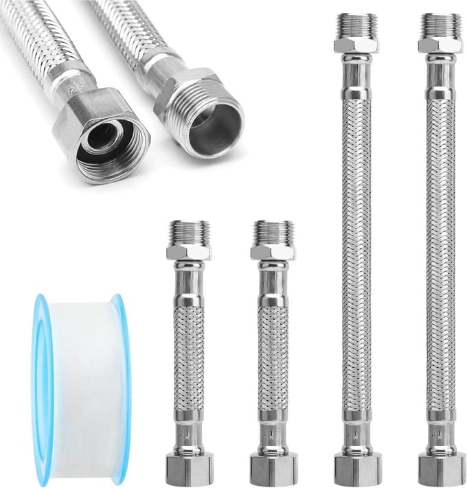 Set van 4 Flexibele Slangen 3/8 Inch, Stalen Gewapende Tuinslang, Wateraansluiting en Verlenging (10 cm/20 cm)