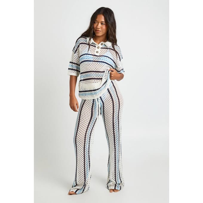 boohoo Dames Gestreepte Gehaakte Knoopblouse En Wijde Broek Set | Blauw | Maat: Medium