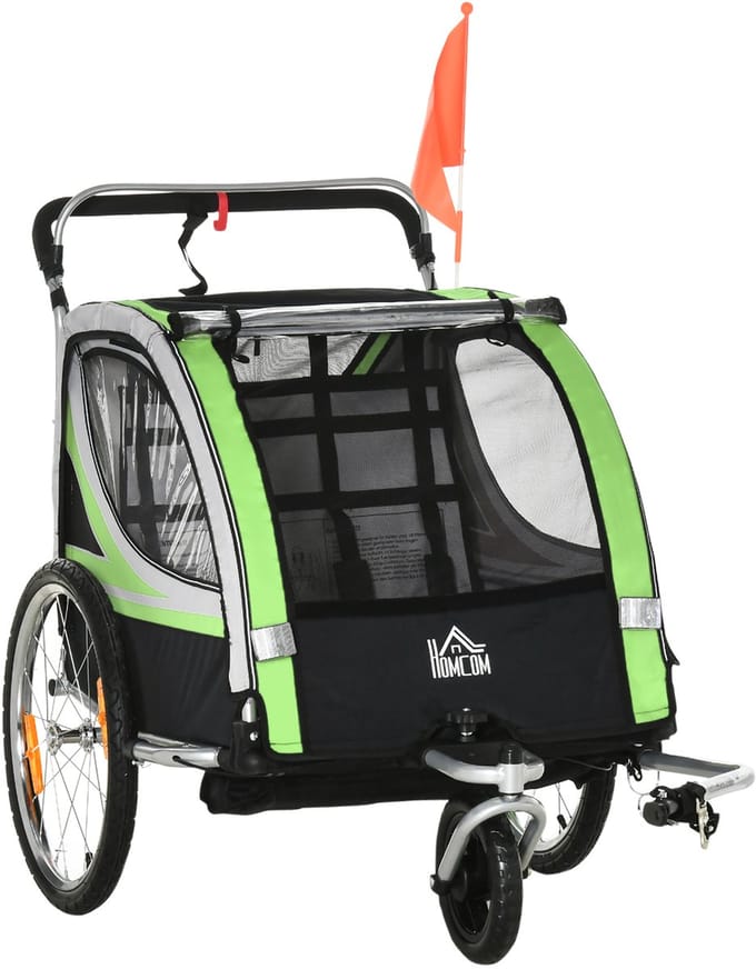 HOMCOM Kinderfiets aanhanger Staal, Polyester 142L x 75B x 101H cm Groen+Zwart