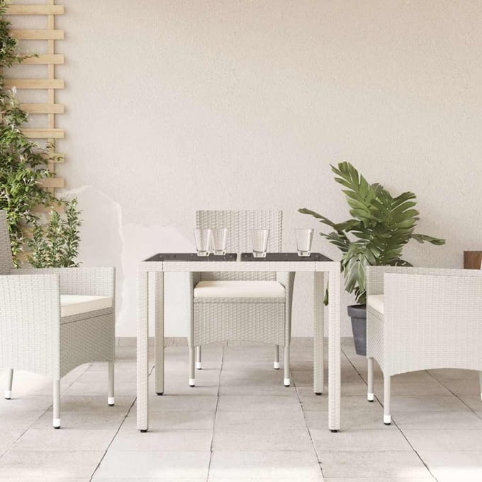 vidaXL - Tuintafel - met - glazen - blad - 90x90x75 - cm - poly - rattan - wit