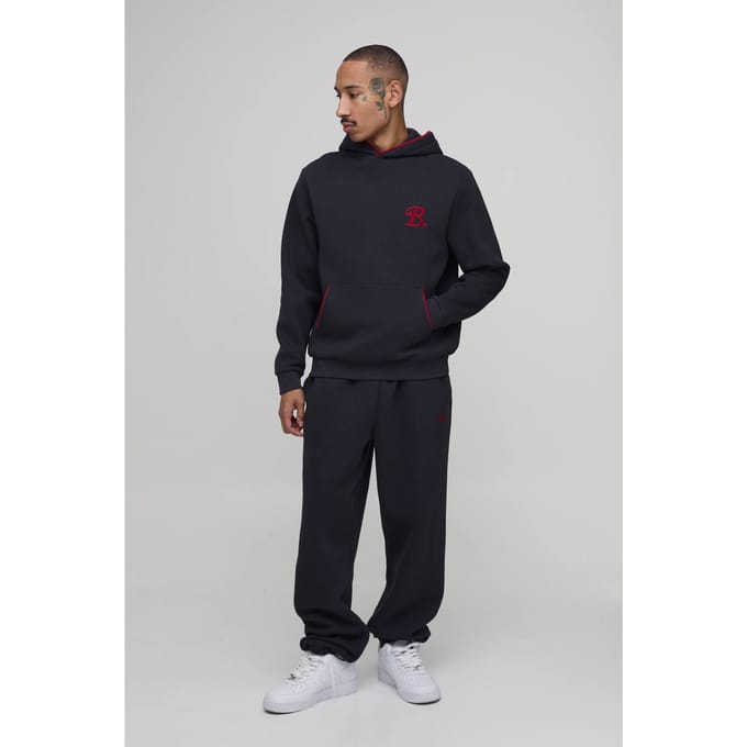 Regular B Geborduurd Hoodie & Oversized Jogger Trainingspak Met Bies | Charcoal | Size Medium