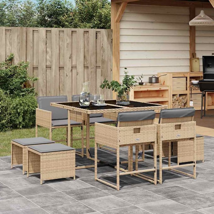 vidaXL - 9-delige - Tuinset - met - kussens - poly - rattan - gemengd - beige