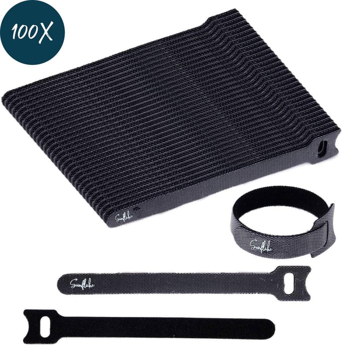 Sunflake Kabelbinders Klittenband - 100 stuks - Herbruikbaar & Hersluitbaar - Zwart