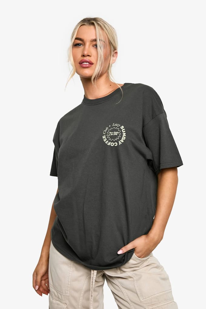 boohoo Dames Sunday Coffee Club Oversized Bedrukt T-Shirt | Houtskool | Maat: Medium