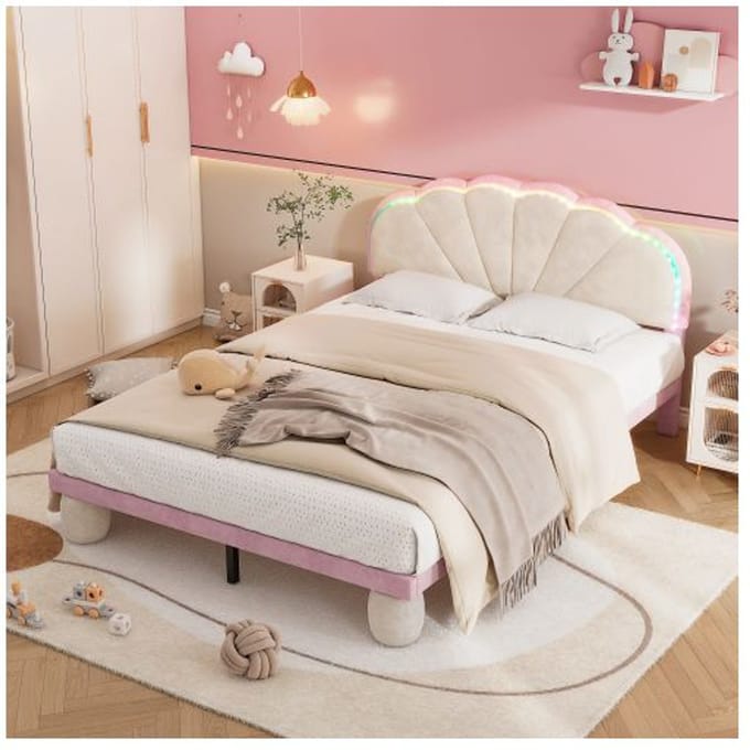 Gestoffeerd bed met verwisselbare veelkleurige lichtstrips, fluweel, beige + roze, 140x200 cm