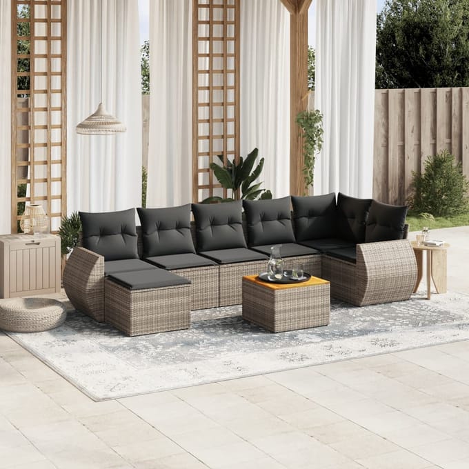 vidaXL - 8-delige - Loungeset - met - kussens - poly - rattan - grijs