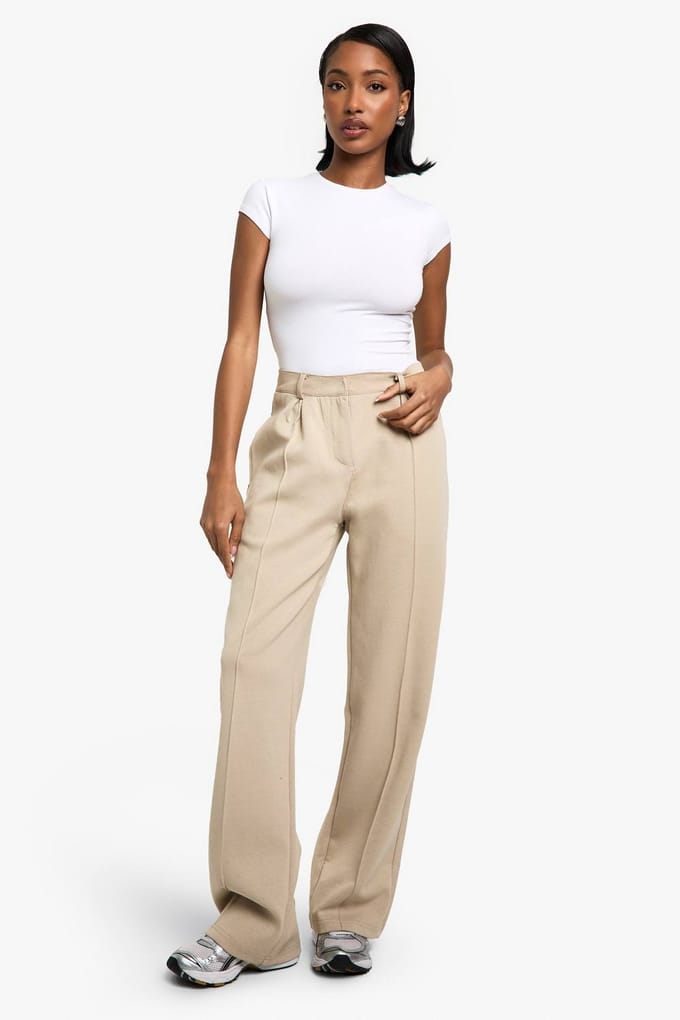 boohoo Dames Premium Superzachte Interlock Getailleerde Broek met Rechte Pijp | Steen | Maat: Large