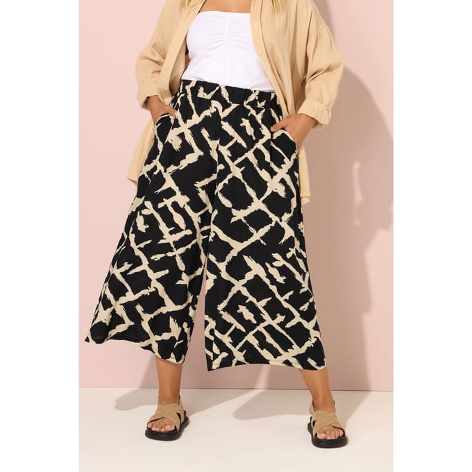 Yours Zwarte Abstracte Cropped Wijde Broek Size 50-52