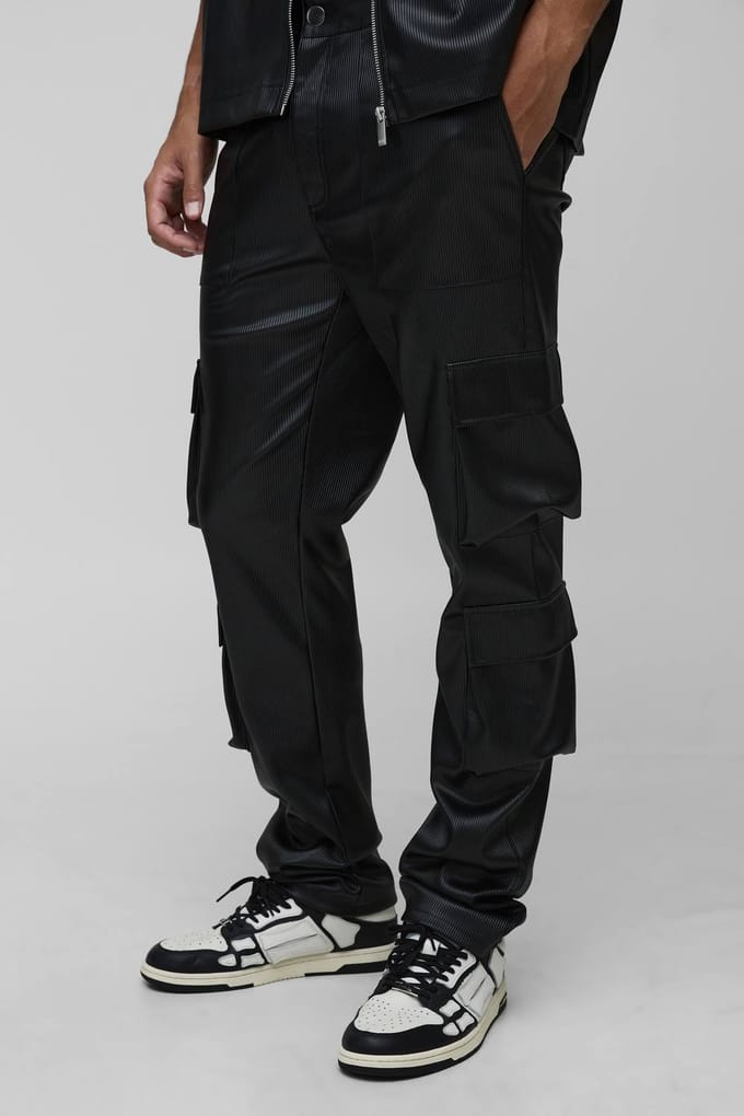 Hoge geplooide PU gestapelde cargobroeken met wijde pijpen | Black | Size 32