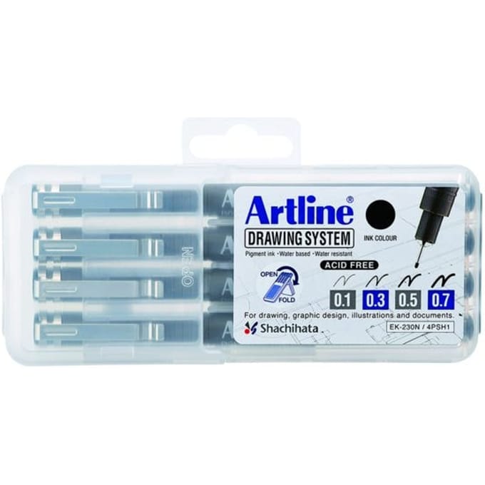 ARTLINE Drawing System - 1 x set van 4 Fineliners - 0.1-0.3-0.5-0.7mm Lijndiktes - Zwart