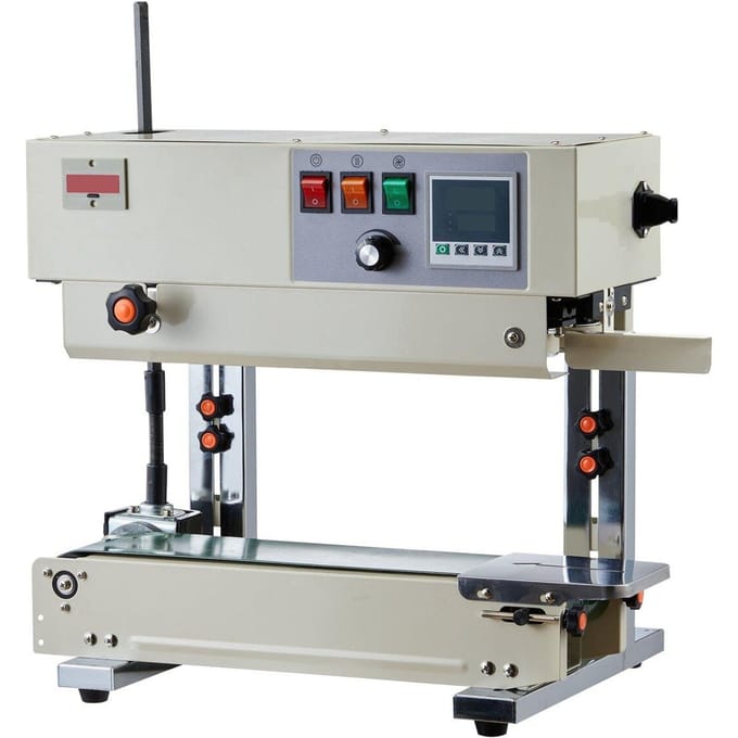 Continue Zak Band Verzegelmachine, 6-12 mm Verzegelbreedte, Verticale Band Verzegelaar Machine met Roller Bedrukking, Temp & Snelheid Instelbaar, Hitteverzegeling