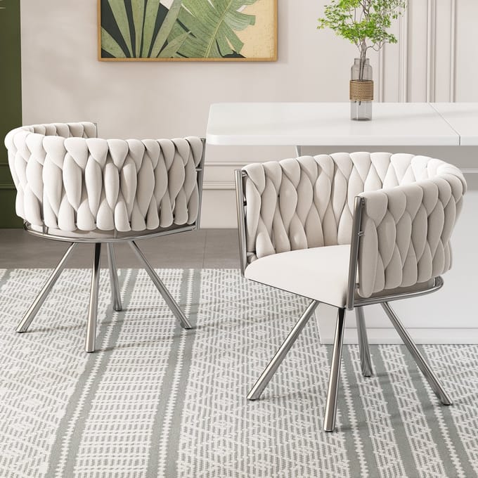 MODENUIT Eetkamerstoel - Set van 2 - 360 Graden Draaibaar Met Gebogen Rugleuning - Voor Eetkamer - Fluweel Beige