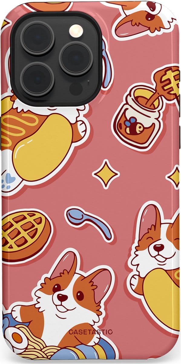 Casetastic hoesje geschikt voor Apple iPhone 15 Pro Max - MagSafe - Dubbellaagse bescherming - Corgi snacks - Fashion Case - Koraal Terracotta Lichtgrijs Goud