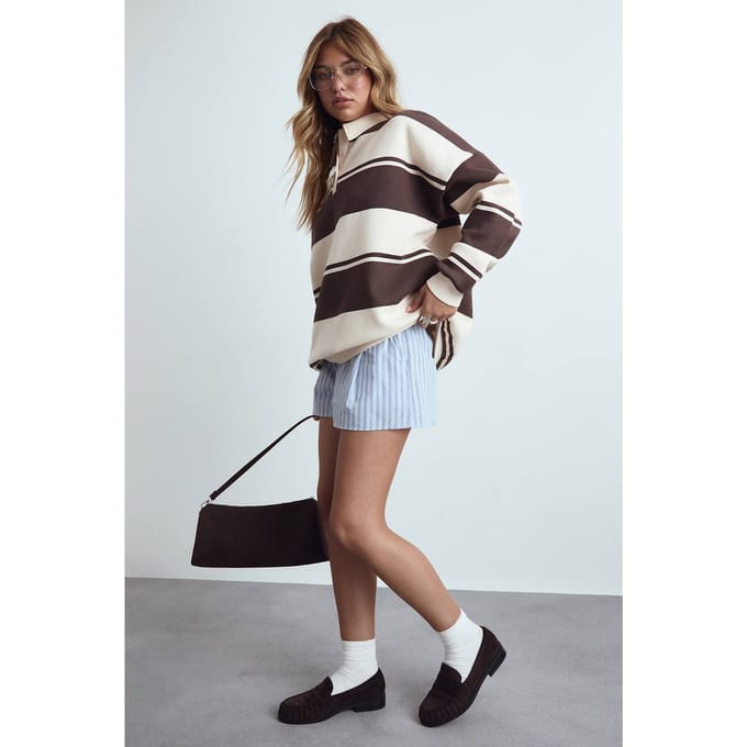 boohoo Dames Gestreepte op maat gemaakte short | Blue | Maat: 12