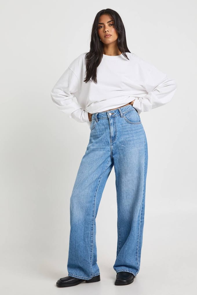 boohoo Dames Basics Hoge Taille Rechte Pijp Jean | Medium Blauw | Maat: 8/32L
