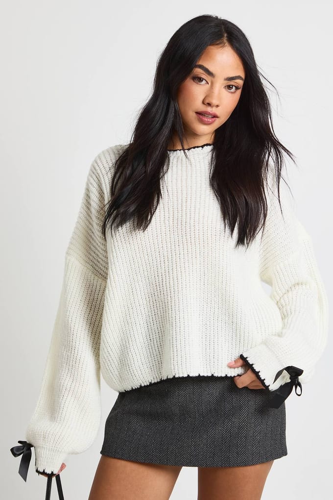 boohoo Dames Gebreide trui met strikmanchetdetail | Creme | Maat: Large