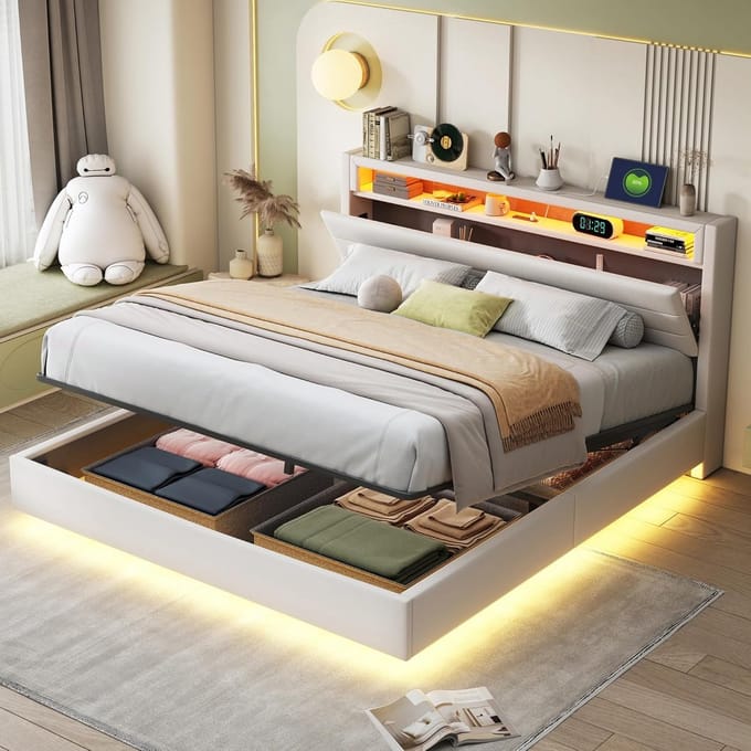 Tweepersoons Bed 160x200 met LED Verlichting en USB Aansluiting | Bed met Opbergruimte