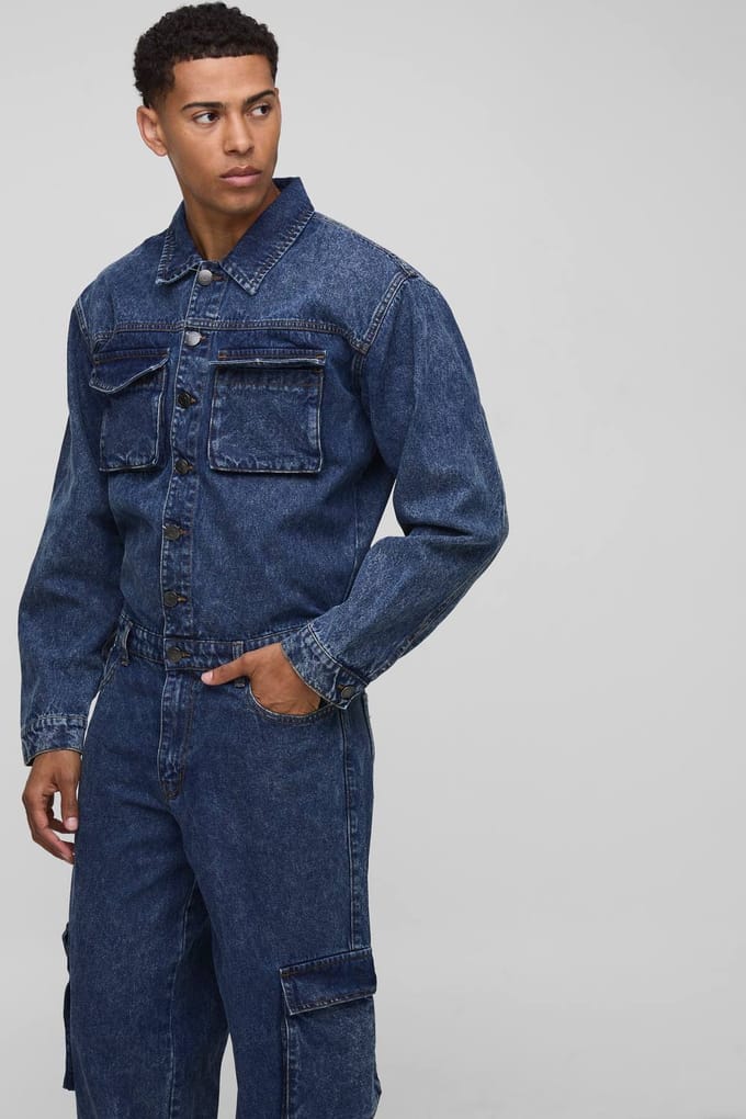 Long Sleeve Relaxed Washed Cargo Denim Boilersuit | Vintage Blue | Size Medium
