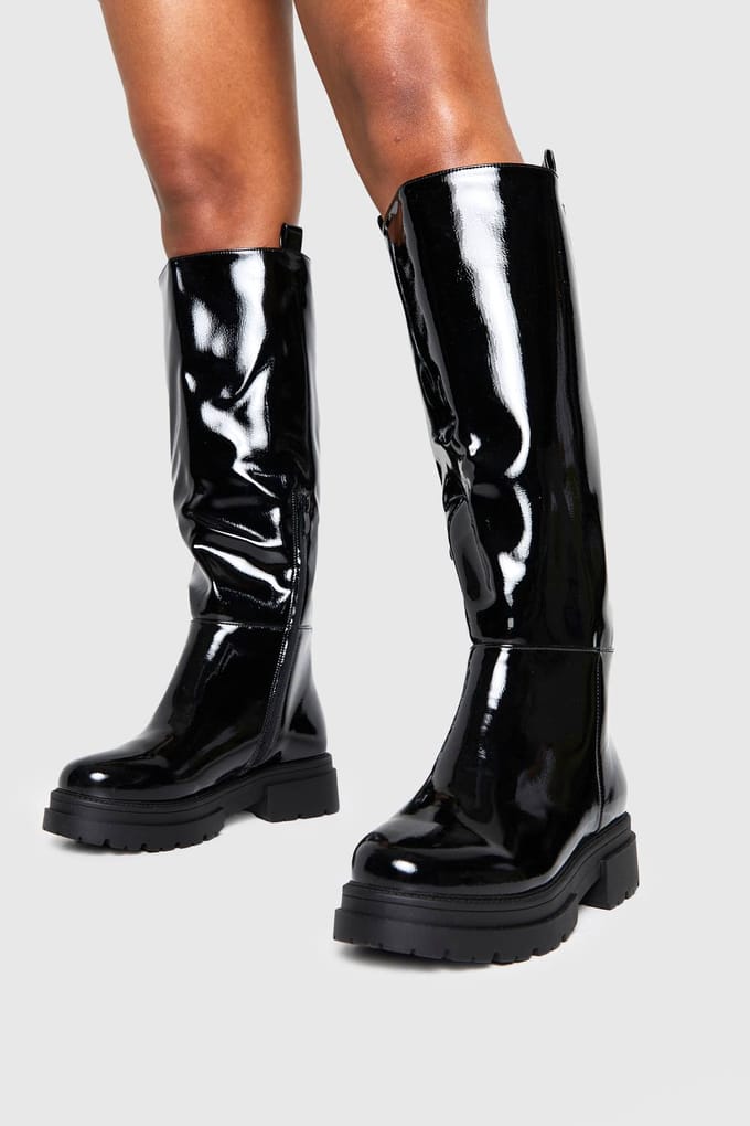 boohoo Dames Wijd passende Crinkle Tab kniehoge laarzen | Black | Maat: 4