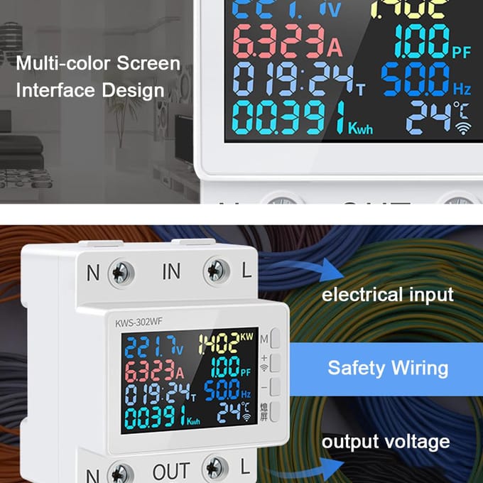 8in1 Power Meter Kleurenscherm 2P Multifunctionele AC Energiemeter 170270V63A Spanning en Stroom KWS-302