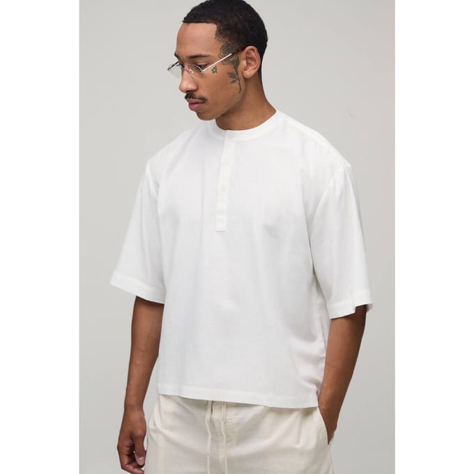 Oversized Boxy Linnen Blend Henley Shirt Met Korte Mouwen | White | Size XL