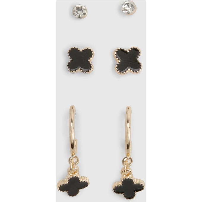 boohoo Dames Zwarte Emaille Klaver Oorbellen 3-Pack | Goud