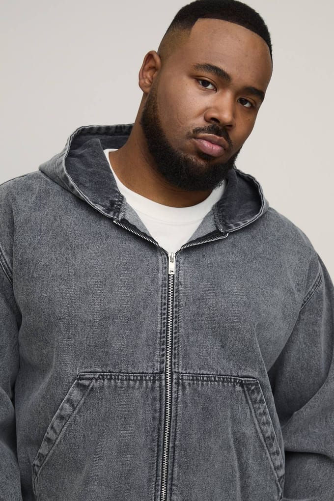 Plus Gewassen Denim Hoodie Met Rits | Washed Grey | Size 2XL