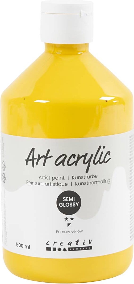 Acryl Verf, semi-glanzend, transparant, primair geel, 500 ml/ 1 fles
