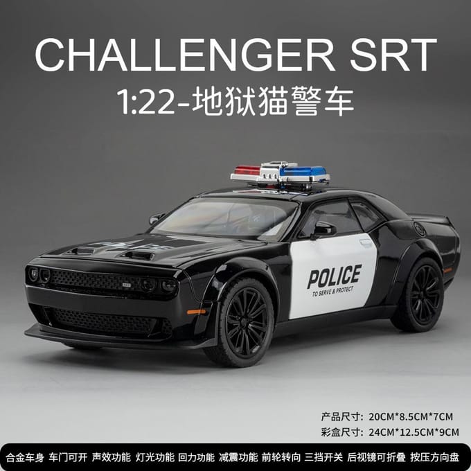 1:22 Challenger Srt Politieauto Legering Diecast Model Auto Speelgoed Wiel Pull Back Superauto Licht Geluid Speelgoed Voor Kinderen
