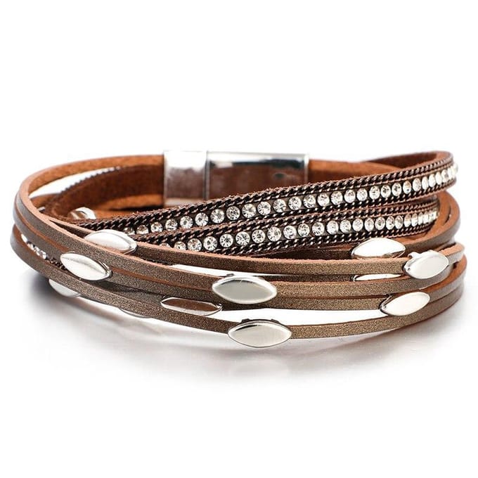 Armband Dames - Leren Wikkelarmband - 18,5 cm - Bergkristal - Grijs