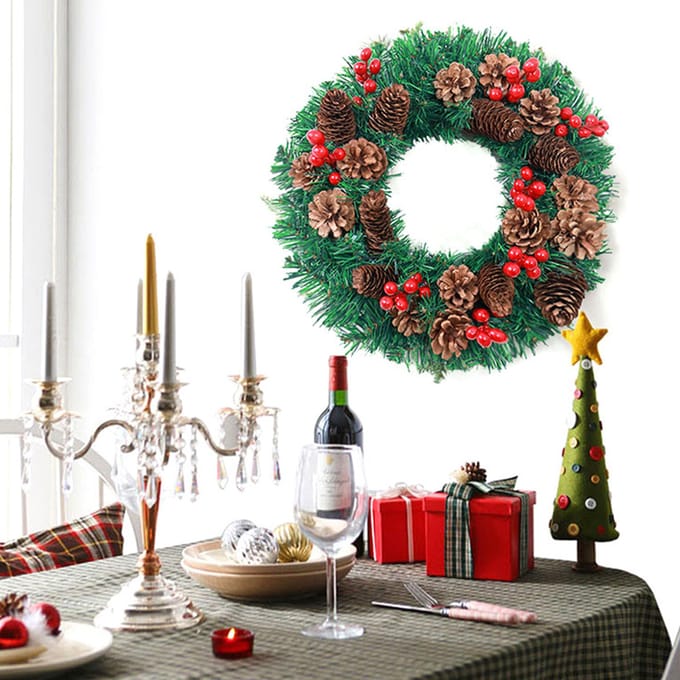 Guirlande de Noël à LED avec guirlande lumineuse alimentée par batterie, pommes de pin, fruits rouges, 12 pouces, joyeux Noël 40cm With String Light black
