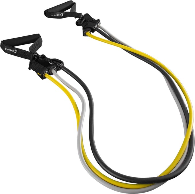 Body & Fit Exercise Pull Set - Elastieken voor Kracht en Flexibiliteit - Drie Gewichten met Handvaten - Geel/Zwart/Grijs