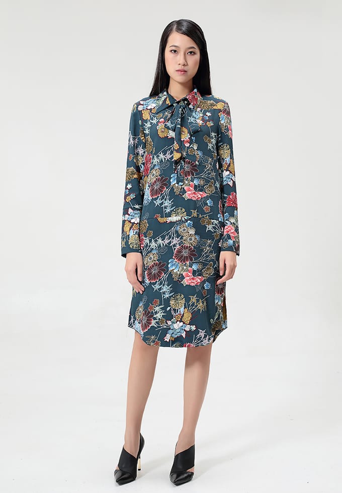 Flower-print ascot-tie shirt-jurk