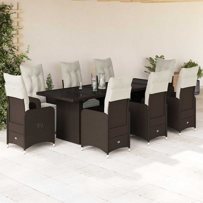 vidaXL - 9-delige - Bistroset - met - kussens - poly - rattan - bruin