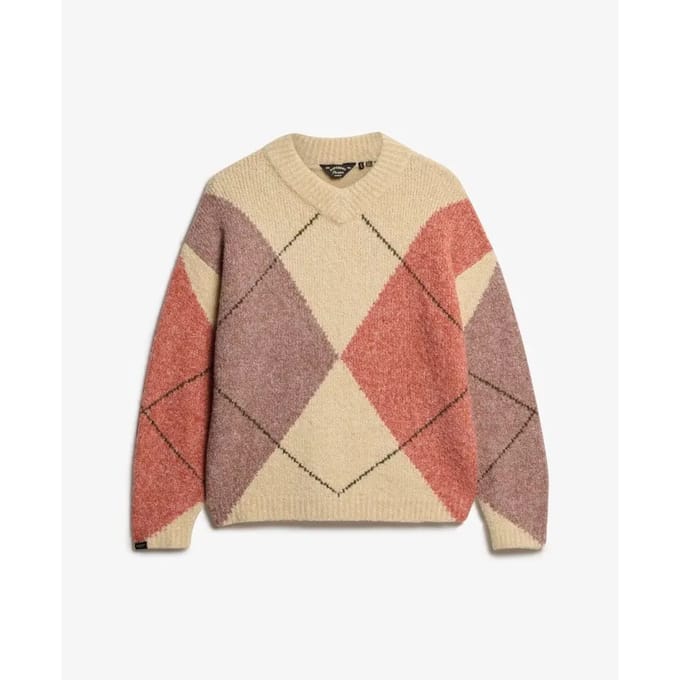 Superdry Oversized Argyle-trui met V-hals White Grootte: 42