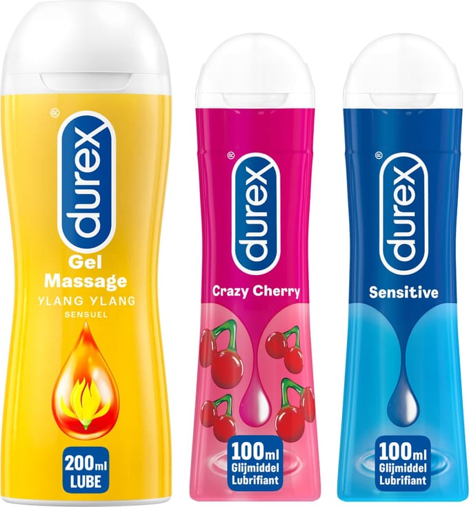 Durex - 3 Glijmiddelen Waterbasis - Play Massage 2/1 Sensitive 200ML - Play Sensitive Gel 100ML - Crazy Cherry 100ML